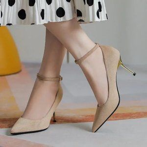New Women's One word with high heels, fluffy professional single shoes Size 8